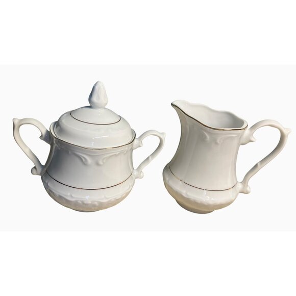 Southington By Baum Fine China Creamer & Sugar Bowl Set Golden Rhapsody White - Picture 1 of 11